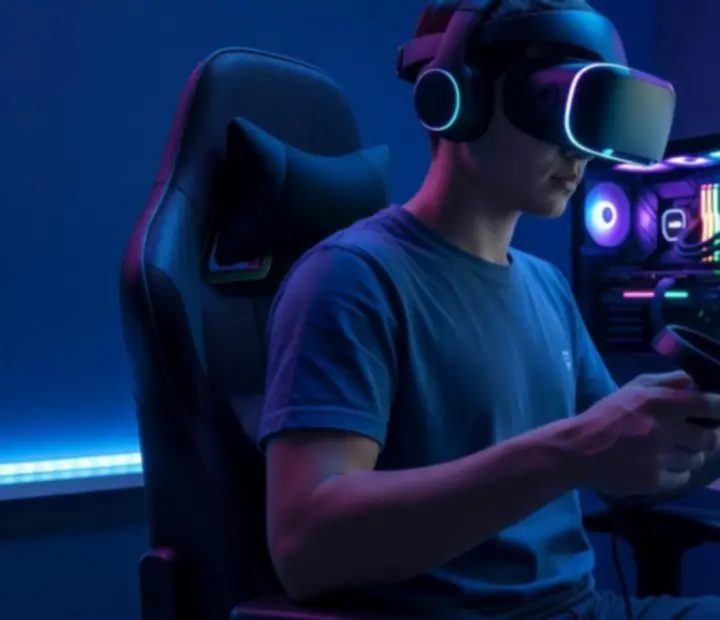 Zaawansowany zestaw VR z komputerem gamingowym i kolorowym oświetleniem