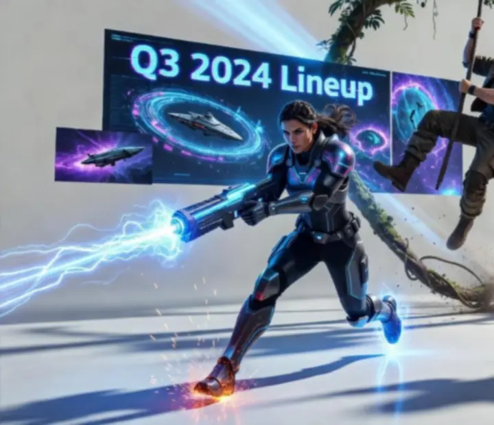 Kolaż nadchodzących premier gier w stylistyce neonowo-gamingowej